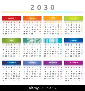 2030 Calendar with Boxes in Rainbow Colors 4 Columns - German Stock Vector