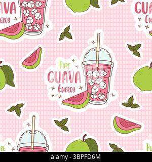 Seamless Pattern. Guava Drink smoothie with lots ice cubes in clear cup on checkered Pink Background with tropical Fruit and Mint leaves. Summer Refre Stock Vector