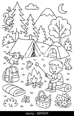 Camping in the Forest Coloring Page for Kids Stock Vector