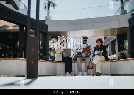 Three diverse professionals collaborating on a project in an outdoor modern space Stock Photo