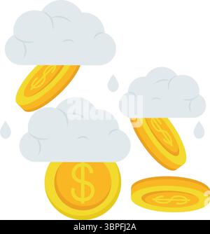 Raining golden coins from clouds icon illustration Stock Vector