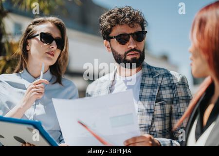 Group of business professionals discussing projects outdoors in bright sunlight Stock Photo