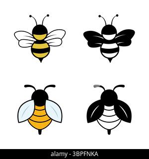 Bee Icons Collection Color and Silhouette Set Illustration. The image includes two fully colored bees and two matching black silhouette versions. Stock Vector