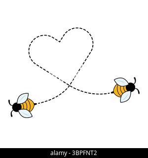 Cute Bees with Heart Flight Path. A charming illustration featuring two cute bees flying along a dotted line that forms the shape of a heart. Stock Vector