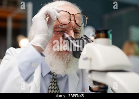 Senior Caucasian man with beard examining sample using laboratory microscope, wearing gloves and lifting glasses, conducting scientific research in laboratory setting Stock Photo