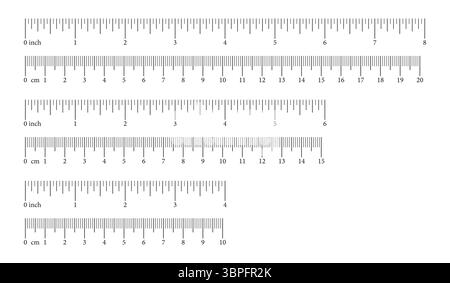 Scale with 10, 15, 20 centimeter 4, 6, 8 inches with markup and numbers. Measuring charts of metric, imperial units. Set of distance, height, length Stock Vector