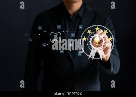 Business man using AI robots to help analyze and increase efficiency in business Stock Photo