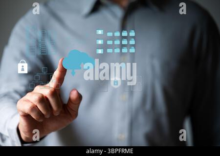 Business man work with laptop seek data input and output from data icon floating on screen Stock Photo