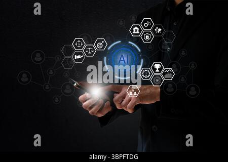 Business man use artificial intelligence AI help in business job. Stock Photo