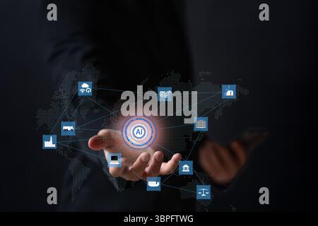Businees man show floating screen of all business around the world use AI help in business Stock Photo