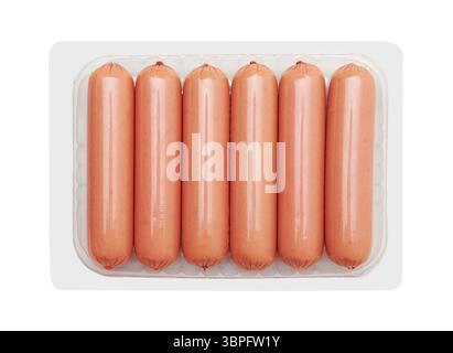 Boiled Sausages in pack isolated on white background Stock Photo