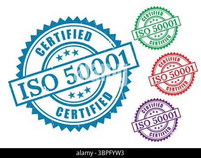 A ISO 50001 Guarantee Labels, Sustainable Energy System Stamp Collection Stock Vector
