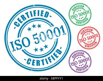 A ISO 50001 Compliance Seals, Energy Efficiency Guarantee Label Set Stock Vector