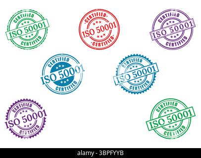 A ISO 50001 Certified Grunge Stamp Collection, Energy Management Badges Stock Vector