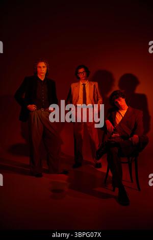 Three young men display their individual styles against a warm, dramatic background. Stock Photo