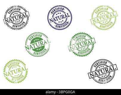 A Certified Natural Grunge Stamp Collection, Organic Product Badges Stock Vector