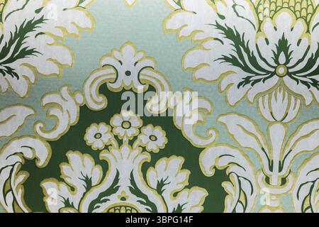 Elegant Green and Gold Damask Wallpaper Pattern, Ornate Baroque Floral Vintage Background Stock Photo