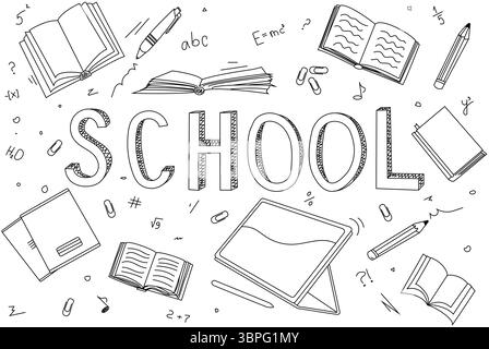 A back-to-school background. Hand-drawn School word with many school objects drawings around it. Stock Vector