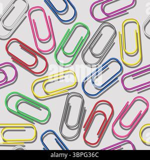 3d paper clips seamless pattern. Colorful bright clips seamless background. Colored paperclip background with shadows. Business or education backgroun Stock Vector