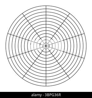 Wheel of life template. Simple coaching tool for visualizing all areas of life. Polar grid of 10 segments and 12 concentric circles. Blank polar graph Stock Vector