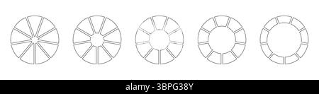 Wheels round divided in nine sections. Outline donut charts or pies segmented on 9 equal parts. Diagrams infographic set. Circle section graph line Stock Vector