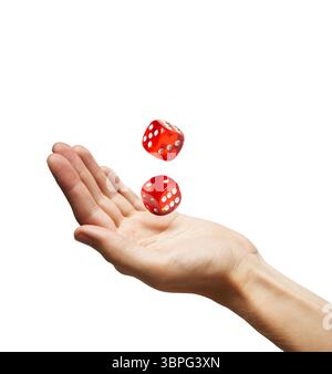 Red Dice in a hand, isolated on white background Stock Photo