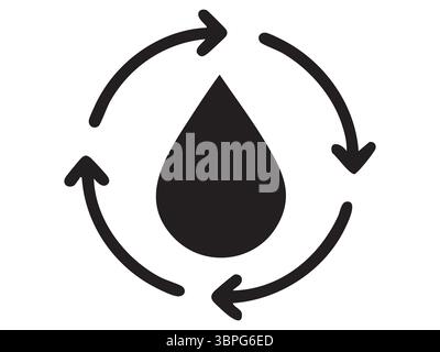 Black icon of water drop with circular arrows around isolated on white background, graphic illustration. Concept of water recycling, sustainability, e Stock Vector