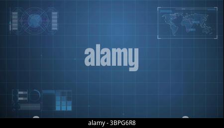 Displaying tech interface in dashboard, with grid overlay, globe projection, world map display Stock Photo