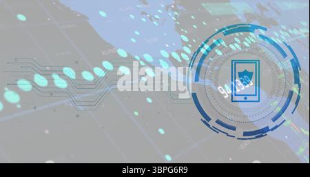 Cybersecurity shield icon image over digital map and data points Stock Photo