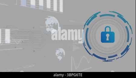 Cybersecurity lock icon image over global data network and charts Stock Photo