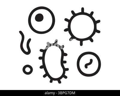 Black icons of various microorganisms including bacteria and virus, isolated on white background, graphic illustration. concept of microbe, biology, s Stock Vector