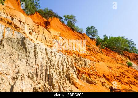 Contrasting red and white sandstone cliffs of Ham Tien Canyon in Vietnam, framed by green trees and a clear blue sky Stock Photo