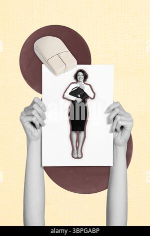 Poster trend sketch template photo collage of hand hold paper placard young lady stand smile retro tool mouse hr worker entrepreneur job Stock Photo