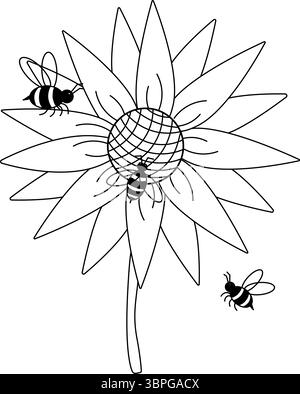 Sunflower and bee composition. Vector graphic line illustration. Perfect for cards, decorations, stickers, logo, menu, various designs. For logo, web, Stock Vector
