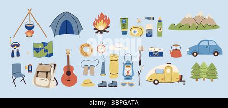 Camping adventure icons set. Hand-drawn flat vector illustration of hiking, trekking, and outdoor expedition gear: backpack, tent, map, compass, flash Stock Vector