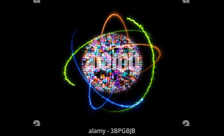 quantum futuristic computer animation abstract pastel tone light sphere ball and big core with atom moving by infinity of orange fire green nature and Stock Photo