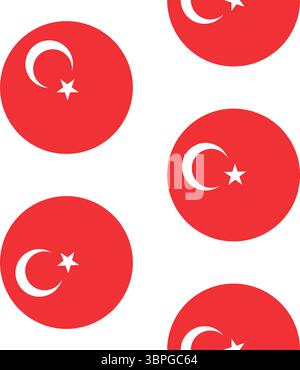 Vector seamless pattern of flat round Turkish flag isolated on white background Stock Vector