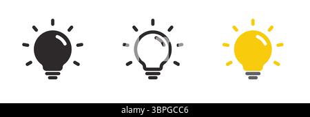 Light bulb icon symbolizing ideas, creativity, innovation, energy, inspiration, and bright thinking in simple black line style on white background Stock Vector