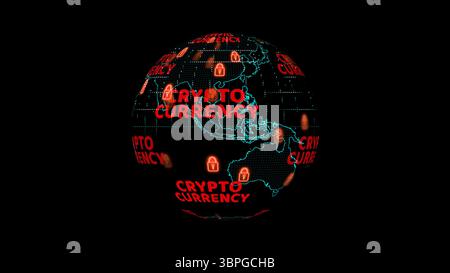 World map with cryptocurrency digital red text alert and warning and blue digital lock warning change to red Stock Photo