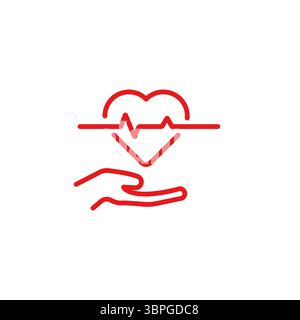 Icon depicting heart health with heartbeat line and helping hand in red outline style Stock Vector