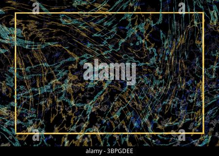 Abstract luxury black granite glow dark teal gold blue mineral over gold border Stock Photo