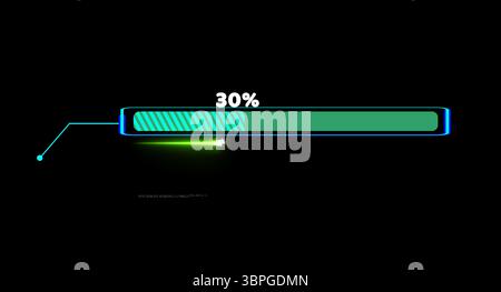 Progress bar animation with callout and laser loading bar inside light blue white fill tone with numeric and 30 percent text motion on the black scree Stock Photo