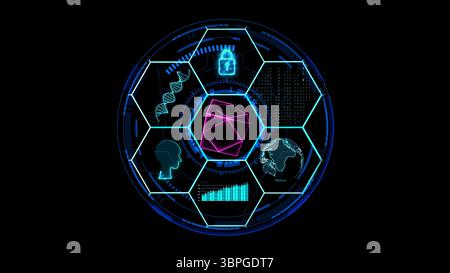 cube magenta blockchain and  holographic futuristic digital technology with brain matrix graph global secity and dna with hexagon background Stock Photo