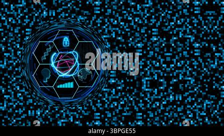 cube magenta with atom blockchain and  holographic futuristic technology and brain line matrix global secity dna with digital square background Stock Photo