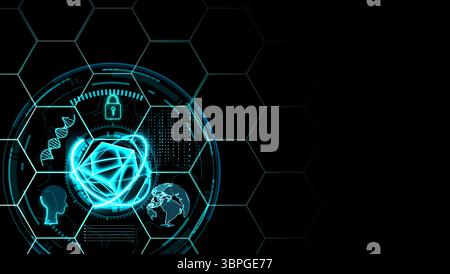 cube with atom blockchain and  holographic futuristic digital technology with brain line matrix global secity dna with hexagon background Stock Photo