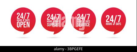 24/7 support icon in speech bubble representing customer service, help desk, availability, assistance, hotline, online help, and around-the-clock open Stock Vector