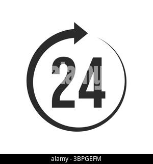 Black 24-hour service icon featuring the number twenty-four enclosed in a circular arrow indicating round-the-clock availability Stock Vector