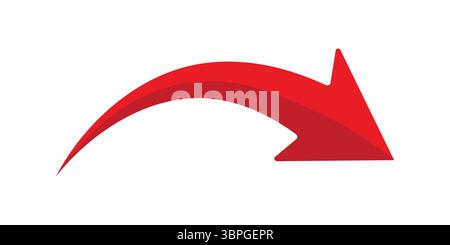 Curved red arrow pointing downward and to the right, representing direction, navigation, movement, download, or flow for infographic, web, or business Stock Vector