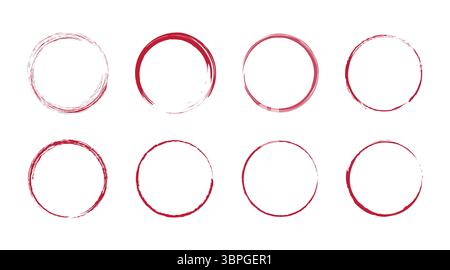 Collection of red circular brush stroke frames in various thicknesses and styles, ideal for highlights, labels, creative design elements Stock Vector