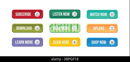 Set of colorful call-to-action buttons with text such as subscribe, download, read more, upload, and shop now for websites, apps, or marketing use Stock Vector